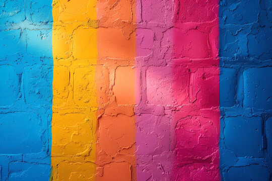 Brick wall painted in rainbow colors, geometry wallpaper background
