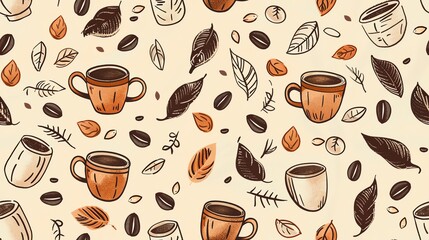 Fototapeta premium Seamless pattern of hand-drawn coffee mugs, beans, and leaves, creating a delightful and earthy coffee-themed design