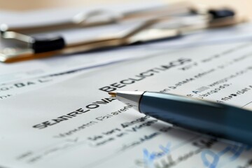 A close-up image of a pen resting on a form, with documents and paperwork, often used in business or legal contexts.