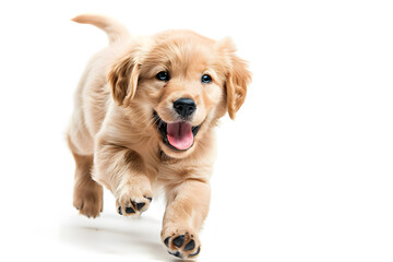 Playful puppy dog running, playing isolated on white background