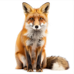 Fototapeta premium Red fox sitting attentively, its vibrant orange fur and piercing gaze captured against a stark white background
