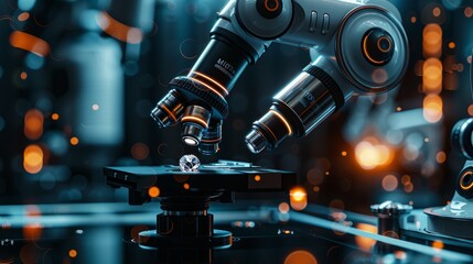 Fototapeta premium Anthropomorphic robot doing cellular experimentation in a controlled laboratory setting.