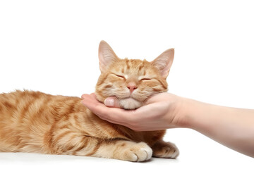 Obraz premium Woman's hand stroking a cute ginger cat isolated on white background. Pet lover