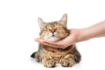 Obraz premium Woman's hand stroking a cute ginger cat isolated on white background. Pet lover