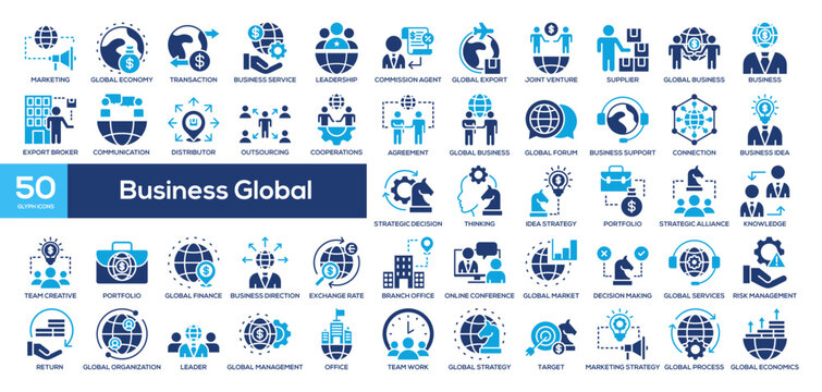 Business Global Icon Collection Glyph Color Style. marketing, economy, transaction, business service, leadership,  and commission agent
