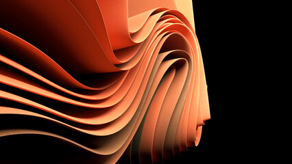 Reddish-colored fabrics undulate against a black background, leaving copy space on one side of the...