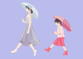 傘を差して歩く母と娘イラスト