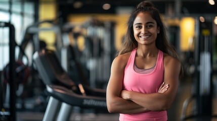 Fototapeta premium Confident Young South Asian Female Fitness Trainer in Modern Gym, Perfect for Health and Fitness Promotions and Social Media Content