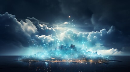 Fototapeta premium A cloud composed of digital particles, floating in a dramatic sky, suggesting cloud computing or data visualization