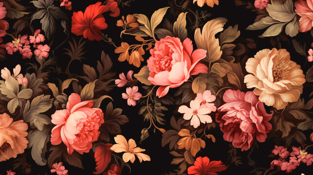 Beautiful floral elegant swirls damask fabric seamless pattern of hand drawn flowers with decorative dark vintage with colorful wallpaper background