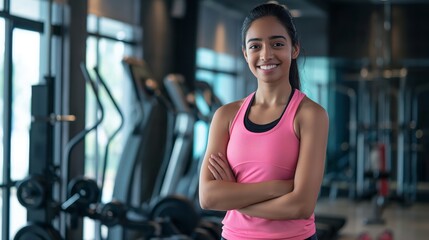 Obraz premium Young Bangladeshi Female Fitness Trainer in Gym with Exercise Equipment for Health and Wellness