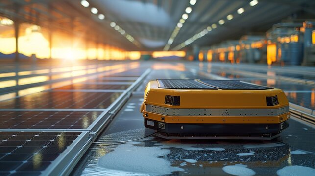 Solar panel cleaning machine. Generative AI.