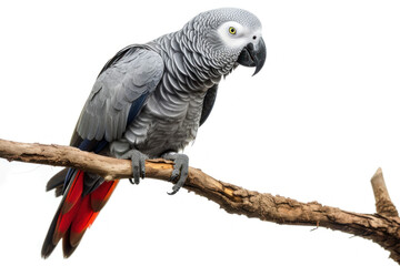 Fototapeta premium African Grey Parrot perched thoughtfully on a branch, isolated against a plain white background.