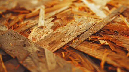 Naklejka premium Close up of oriented strand board covering the ground, showing wood chips and texture