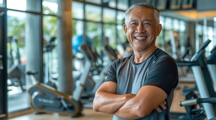 Smiling Elderly Filipino Male Fitness Trainer in a Modern Gym Environment for Health and Wellness Promotion