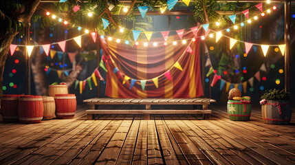 Palco 3d realista com bandeirinha para expor produtos de festa junina