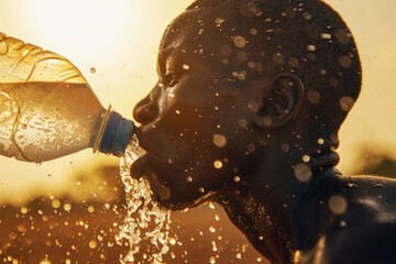 Dark-Skinned Runner Pouring Water on Head to Cool Down After Marathon, Refreshing Spray in Bright Sunlight