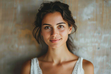 Naklejka premium A close up portrait of a young woman with a subtle smile