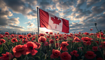 Canadian flag in a field of poppies to honor veterans and service members on Remembrance Day.