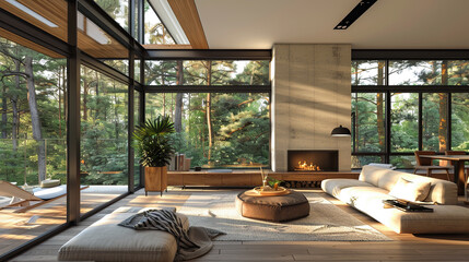 3D Illustration of a modern living room in a house with a beautiful view