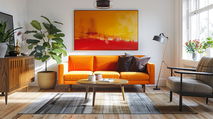 Interior of modern living room with orange sofa 3d render illustration