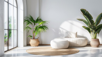 interior of modern bright room with white walls, concrete floor, comfortable white bed and plants. 3d rendering