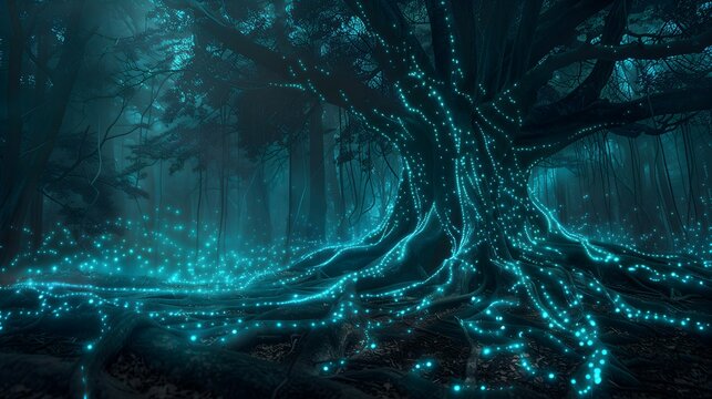 Enchanted Forest with Glowing Blue Lights and a Large Tree