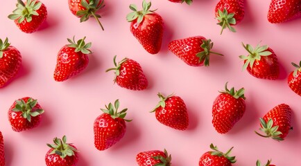 Pattern with ripe strawberries on pastel pink background, top view. Set of fresh berries, minimal flat lay style.
