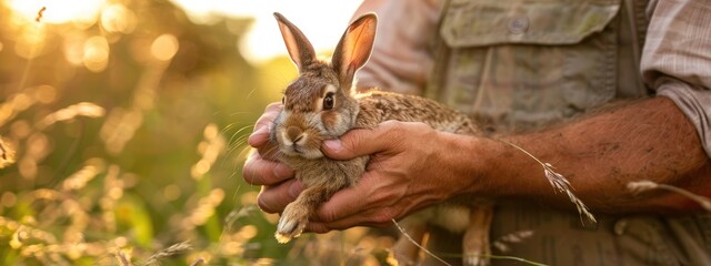 Obraz premium the farmer holds a rabbit in his hands. Selective focus
