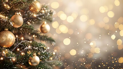 Golden Christmas ornaments on a tree with festive lights and a bokeh background, creating a warm and joyful holiday atmosphere.