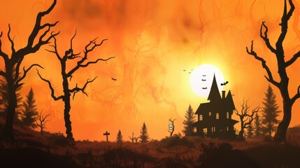 Haunted House at Sunset with Bare Trees