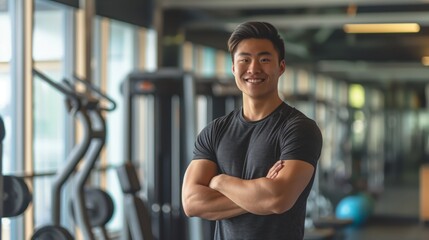East Asian Male Fitness Trainer, Modern Gym Interior, Promoting Health and Wellness, Ideal for Fitness Marketing and Social Media Campaigns
