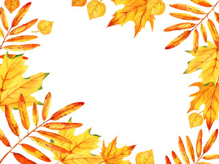 watercolor horizontal frame with autumn leaves, orange maple leaves, hand drawn illustration of yellow and orange autumn leaves, sketch isolated on white background for autumn posters