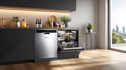 A modern kitchen featuring a stainless steel dishwasher next to a large window with a city view