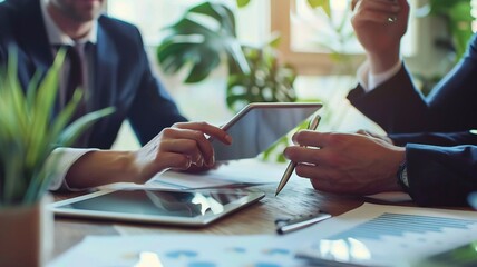 Business advisor and team collaborating on marketing strategies, utilizing a tablet in a modern office, vibrant magazine style