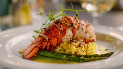 A beautifully plated gourmet dish of poached lobster tail with truffle butter, asparagus spears, and saffron risotto, contemporary restaurant setting, soft natural lighting, elegant and sophisticated