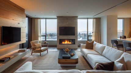 Fototapeta premium Interior of modern living room with fireplace, panoramic view