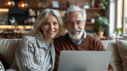 Obraz premium Senior couple smiling and looking at a laptop while sitting on a couch