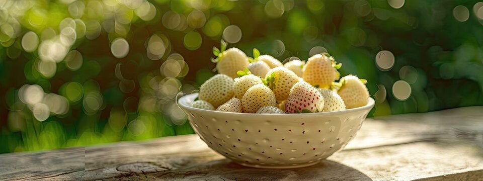 white strawberries in a white bowl on the table. Selective focus