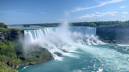 Fototapeta premium Niagara Falls Horseshoe Falls on a sunny day, a majestic and powerful natural wonder, popular tourist destination