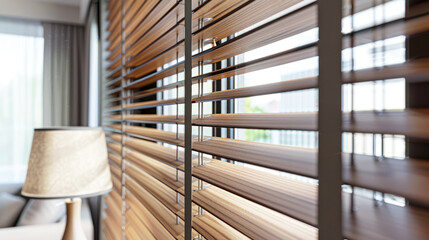 Brown wooden blinds on the windows of a modern apartment, close-up, selective focus. Blinds as an option for protection from excessive sunlight.