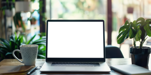 A laptop computer on top of a wooden table next to a window with a plant on it's screen and a window behind. High quality photo. Mockup, PNG