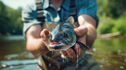 Fototapeta premium a male fisherman holds a fish in his hands. Selective focus