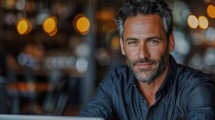 Obraz premium A close-up portrait of a man with grey hair and a beard sitting in a dimly lit restaurant