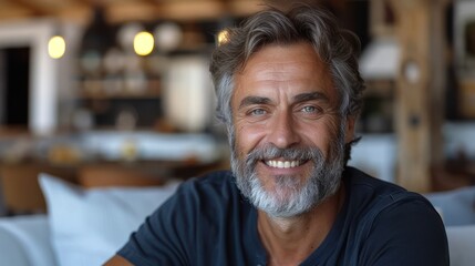 Fototapeta premium Smiling Middle-Aged Man Sitting Indoors