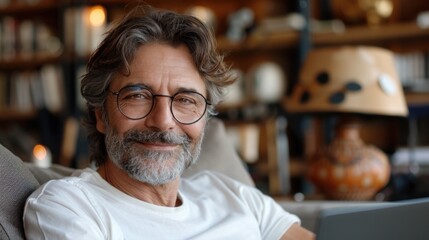 Obraz premium A man with gray hair and glasses smiles at the camera while sitting in a living room