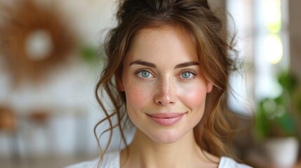Fototapeta premium A young woman smiles at the camera, her blue eyes are the focal point