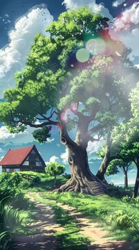 footpath leading to the beach with big trees and wooden houses. cartoon or anime style. video animation background running smooth and loop