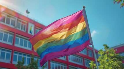 Naklejka premium A rainbow flag is flying in front of a red building