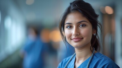 Fototapeta premium A female doctor smiles at the camera in a hospital hallway